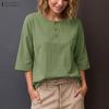 Women Casual Round Neck Solid Color Loose 3/4 Sleeve Cotton Blouse