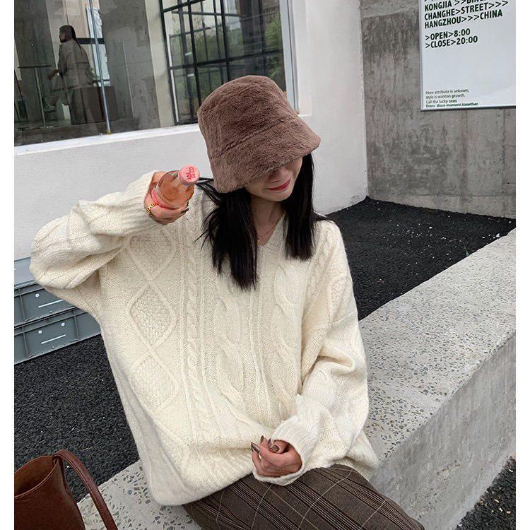 Twist V-Neck Women's Oversized Sweater - New Spring/Summer Korean Style Thick Knit Pullover