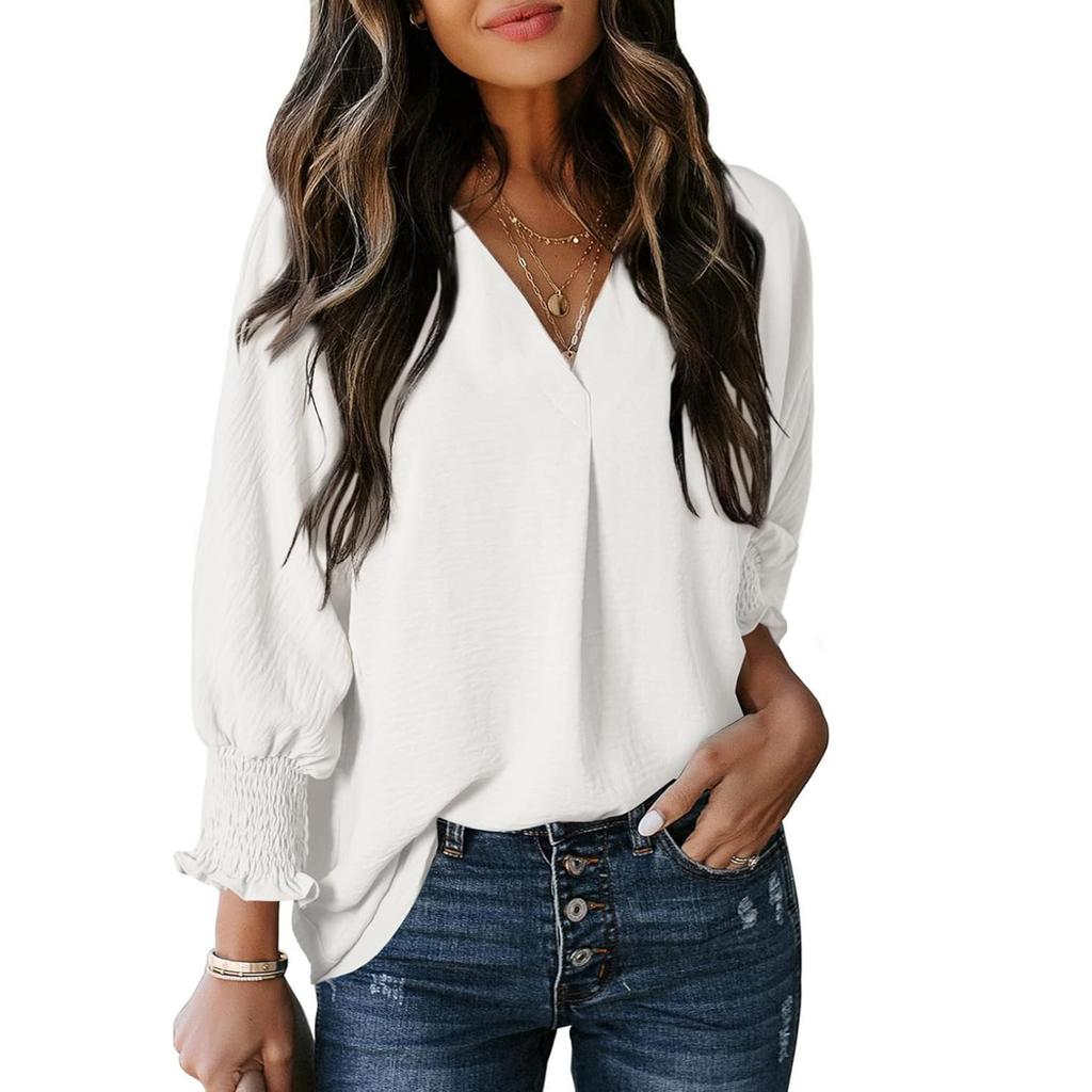 Women V Neck Long Sleeve Smocked Cuff Pleated Casual Blouse