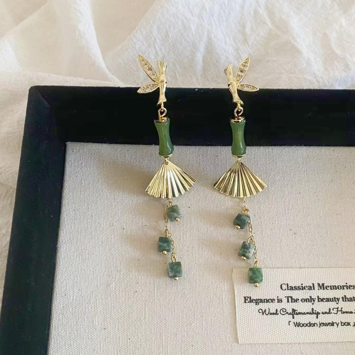 Chinese Retro Fan-Shaped Bamboo Jade Tassel Earrings