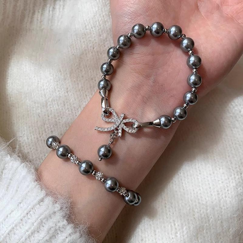 Tahiti Black Shijia Pearl Zircon Bow Pendant Pearl Necklace Fashion Temperament Bracelet Sweater Chain