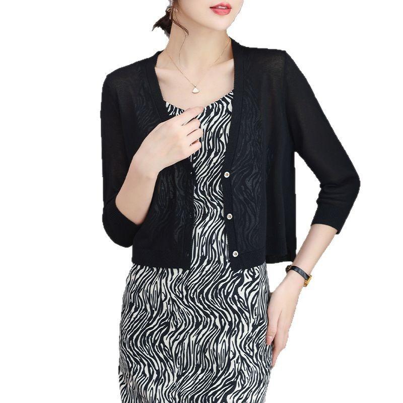 Summer ice silk sunscreen cardigan women's thin short long-sleeved loose outer shawl air-conditioning shirt knitted jacket