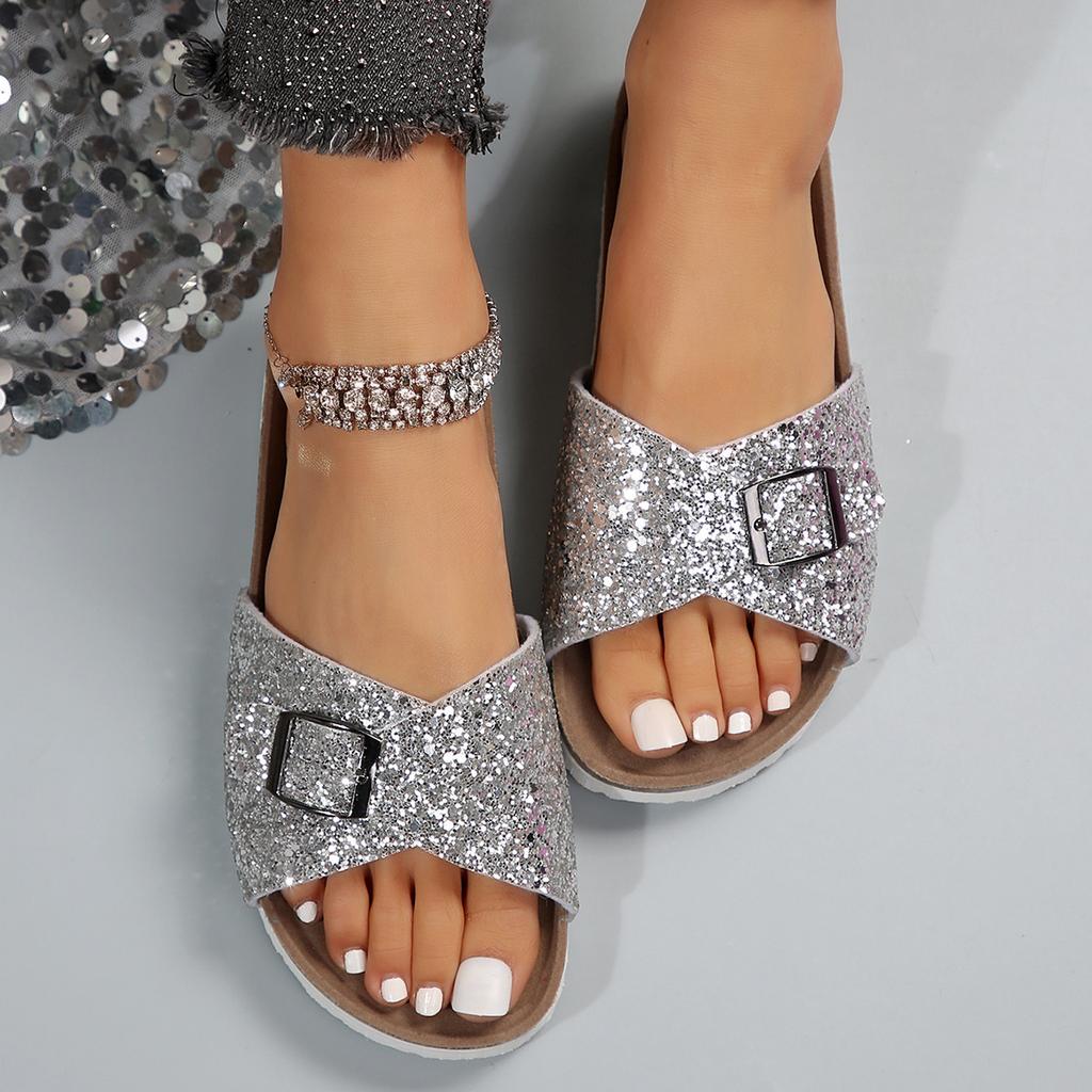 Fashion 2025 Fashionable Sequins Slippers Women Outside Fashion Summer Flat Bottom New Non-slip Internet Celebrity Flip-flops Slippers