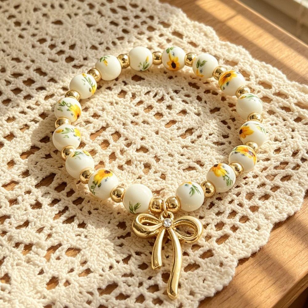 Metal Beaded Elastic Beads Bracelets Bow Ceramics Bracelet Trendy Women Bangle Girls