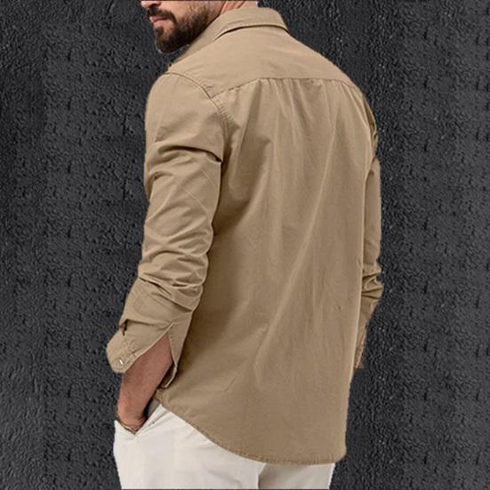 Men Shirt Lapel Long Sleeve Buttons Placket Shirt Tops with Pockets Pure Color Loose Fit Versatile Tops Daily Wear