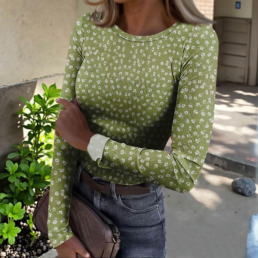 Women's  Slim Bottom T-shirt Fashion Casual Gradient Printing Round Neck Pullover Long Sleeve Top