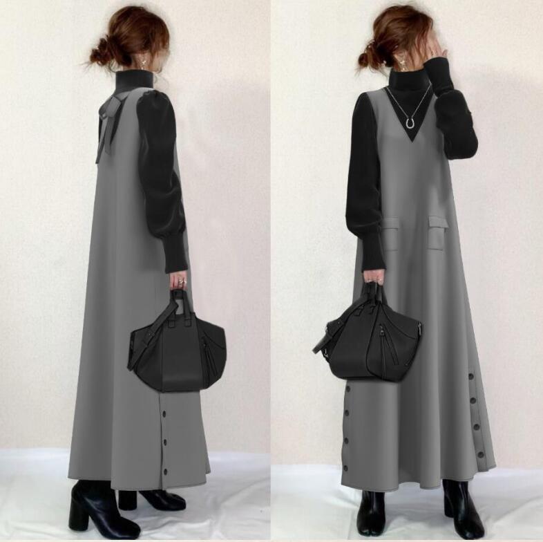 Women s Mock Neck Long Sleeve Maxi Dress Loose Fit Relaxed Waist Japanese Elegant Two Tone Patchwork Layered Fall Dress S