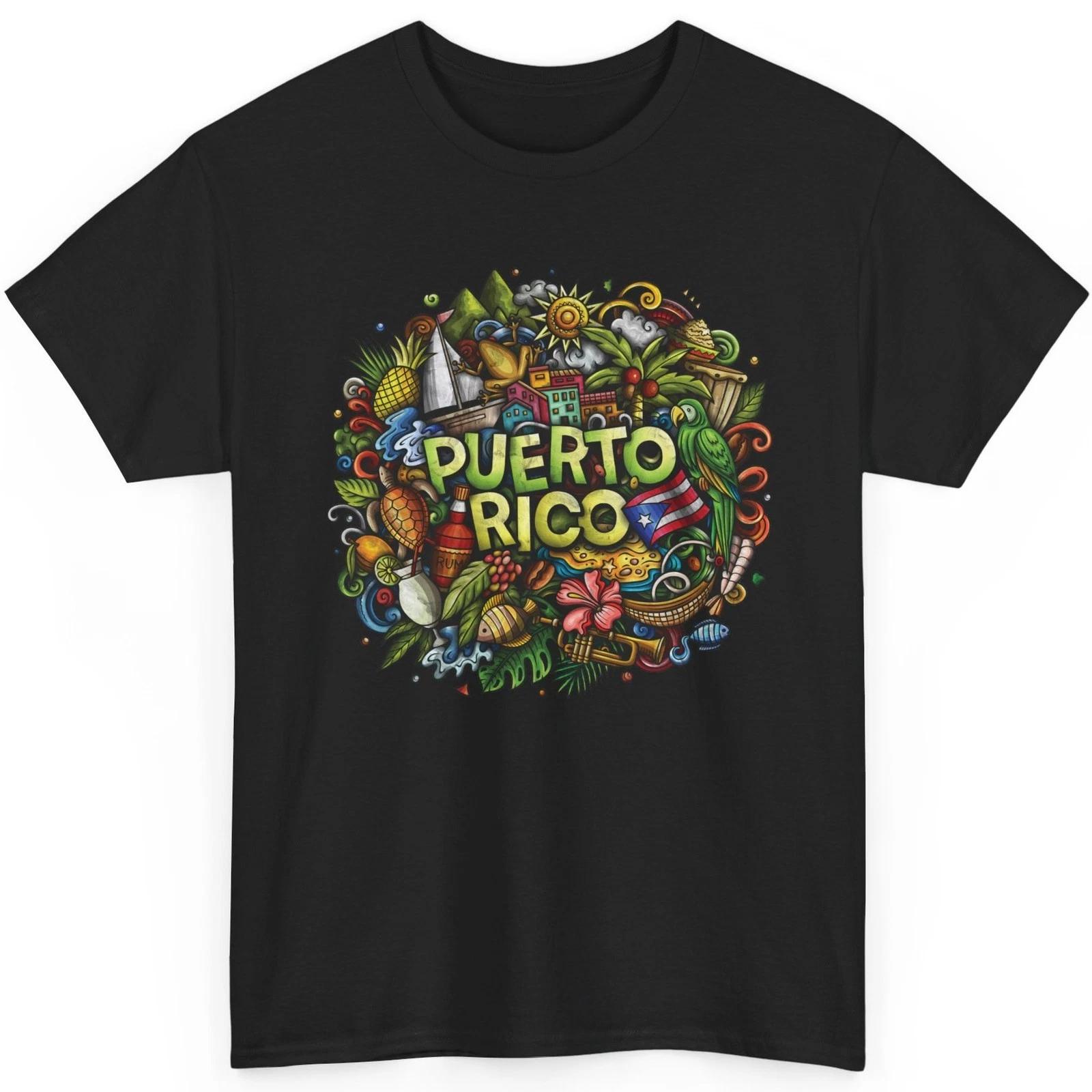 

Puerto Rico Tropical Graphic T Shirt Colorful Island Culture Animals Rum Gift S