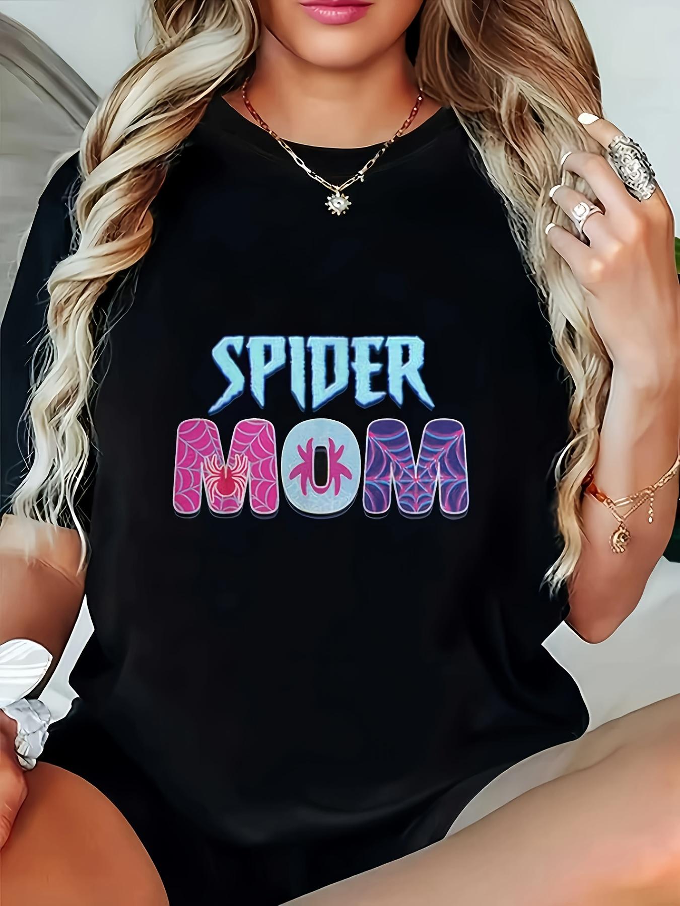 

T-Shirt, Trendy and Fun Spider Mom Matching Family Birthday Party Top, Women S Black Round Neck Short Sleeve T-Shirt, Machine Washable, S