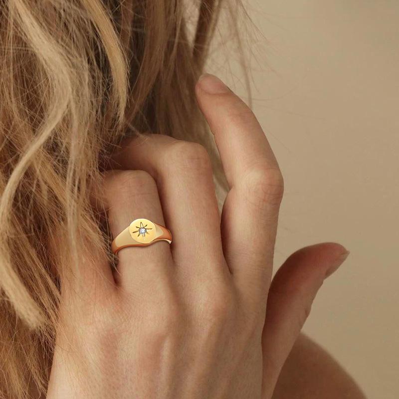 Starburst Signet Ring for Women Stainless Steel with Cubic Zirconia Wedding Brand Pinky Rings Statement Jewelry