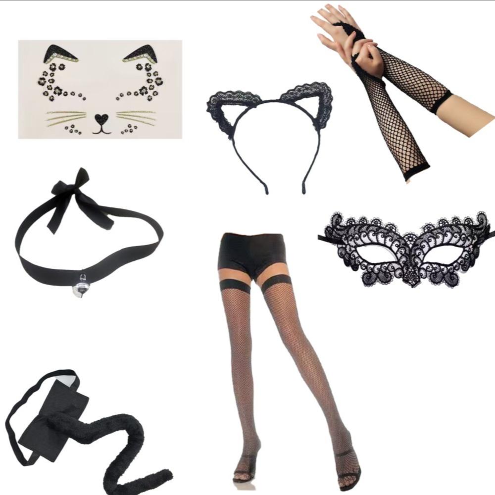 PESENAR Black Cat Costume for Women, Halloween Masquerade Mask, Lace Ears, Gloves, Tail, Choker Necklace