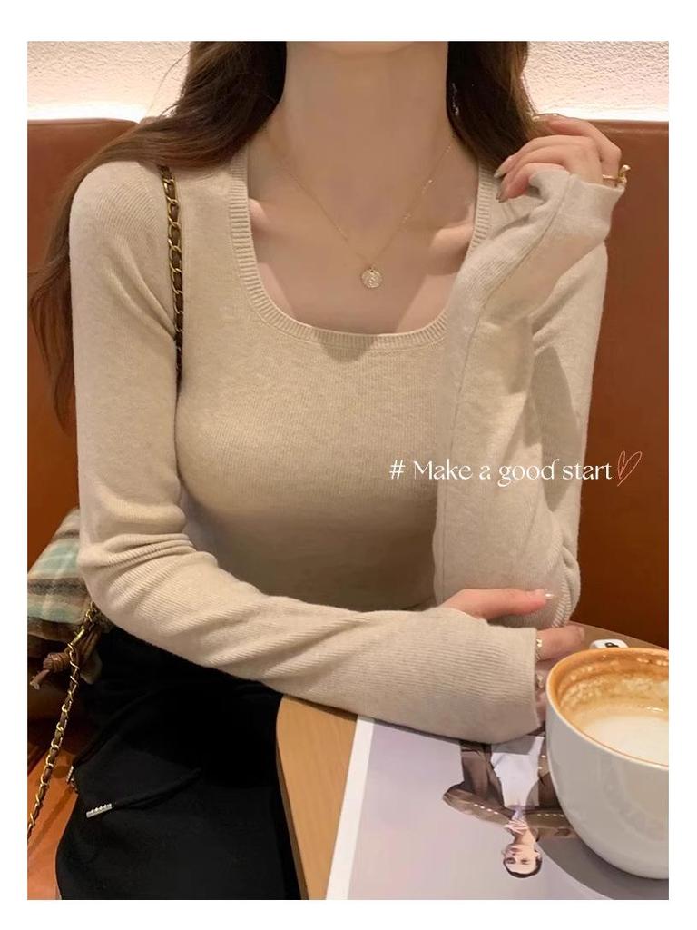 2025 Women's Slim Fit Long Sleeve Knitwear: Square Neck Base Layer for Autumn/Winter