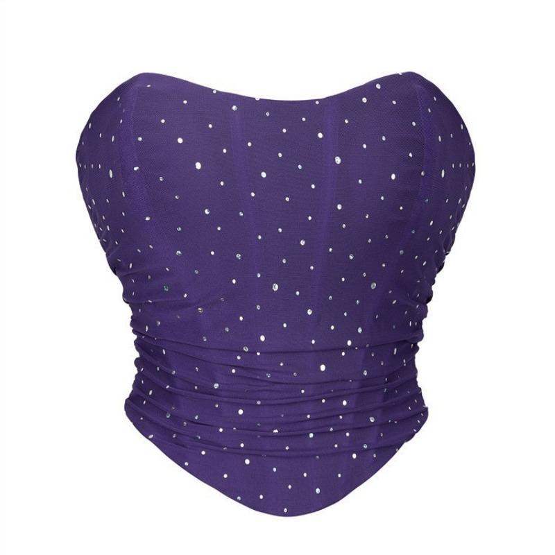 Top Corsetto Senza Spalline in Rete Nera con Strass, Vita Arricciata, Bustier Steccato per Donna