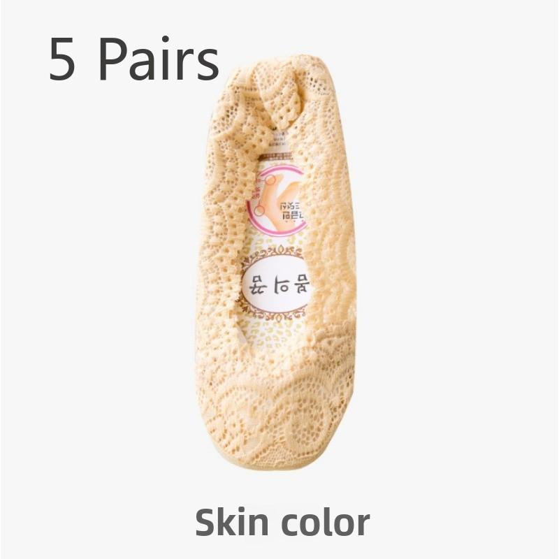 

5 пар женских летних тонких кружевных хлопковых носков-лодочек с силиконовой нескользящей подошвой 5 Pairs телесный