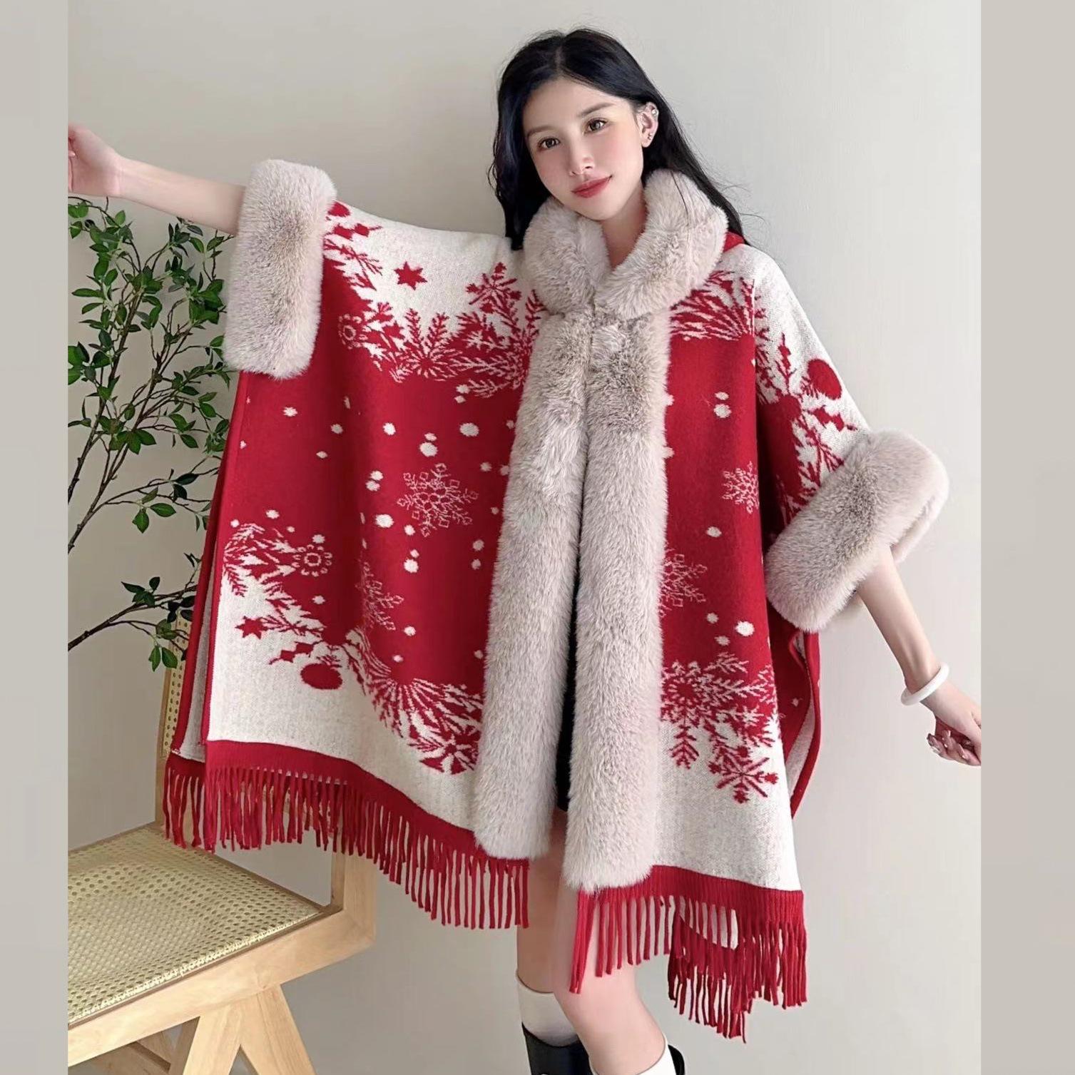 

869# Женская клетчатая вязаная накидка-шаль на флисовой подкладке с толстым меховым воротником