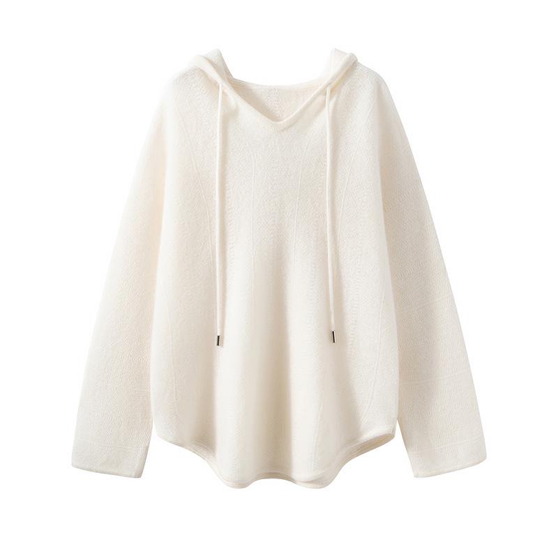 Women's Loose-Fit Cashmere Hooded Sweater - Winter 2026 New Arrival, Solid Color, Simple Style, Slimming Effect