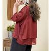 Women Green Square Neck Double Layer Three Quarter Sleeve Linen Blend Loose Blouse