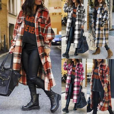 Women Fashion Outwear Plaid Print Long Sleeve Lapel Long Jacket Trench Coat