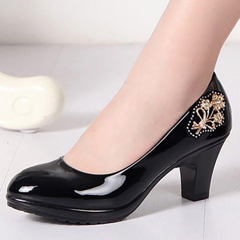 

High Heeled Shoes for Women Thick Heel Round Toe Women s Short High-heeled PU Leather Shoes 38