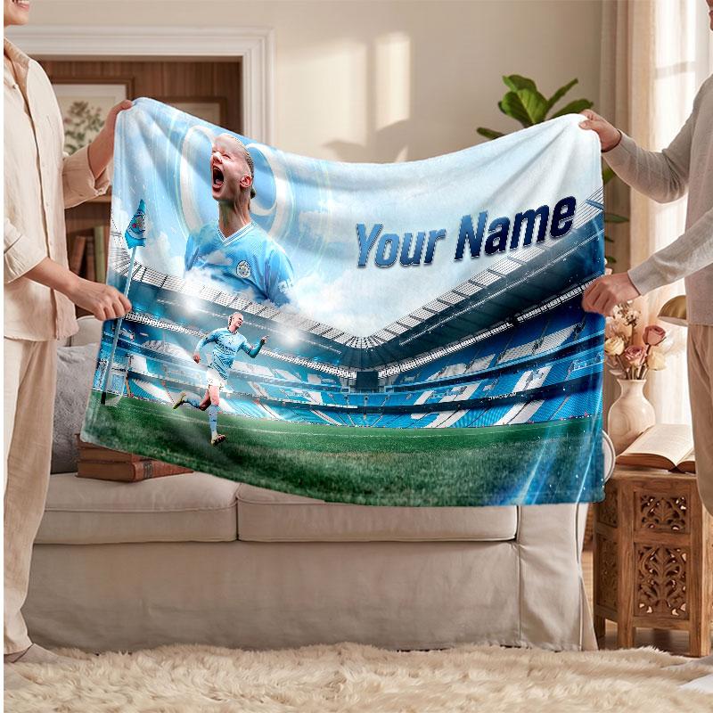 Erling Haaland Personalized Fleece Blanket With Football Logo, Custom Name Text Soft Warm Home Throw Blanket