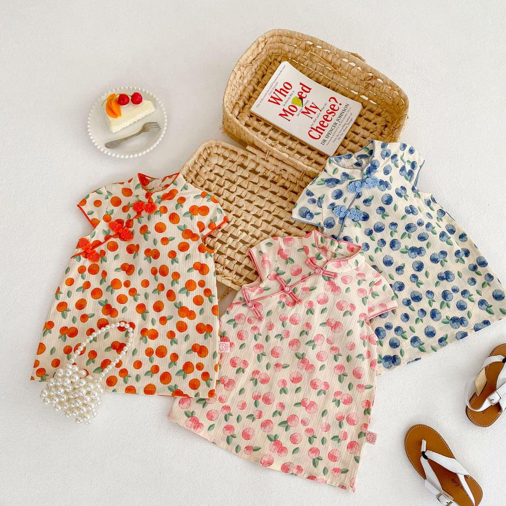 Sommer Mädchen Schwesternoutfits: Baby Strampler & Fruchtsalat Cheongsam Set