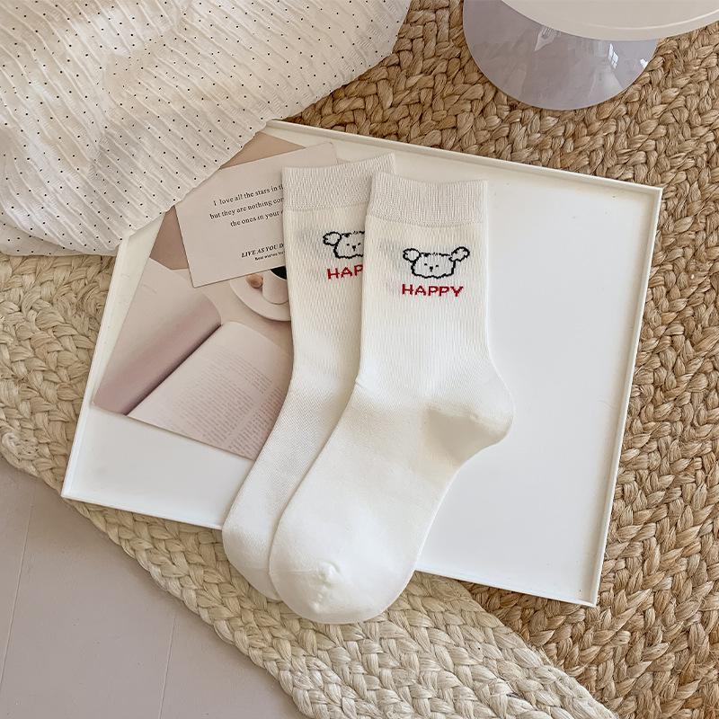 Female Autumn New Cartoon Cute Puppy Striped Boneless White Tube Stack Socks