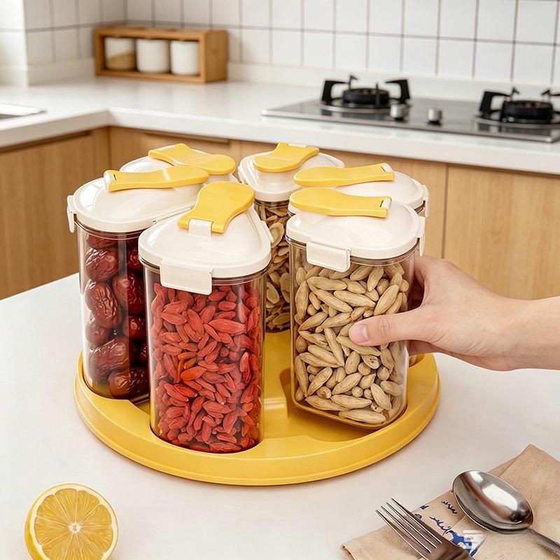 Rotatable Compartment Grain Storage Container, Detachable Airtight Moisture-Proof Food Jars for Kitchen