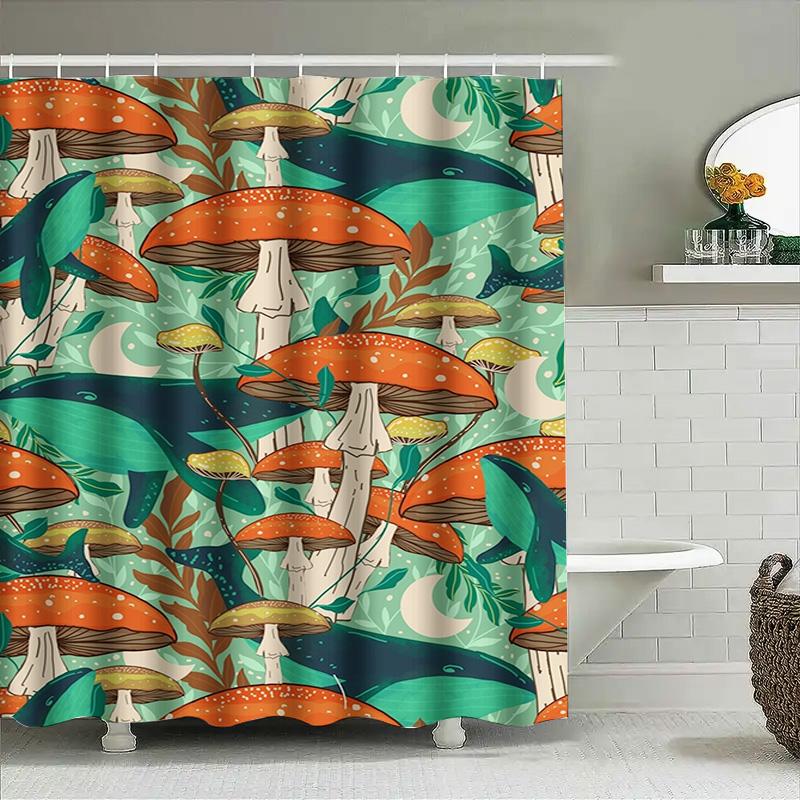 Whimsical Mushroom Shower Curtain Vibrant Greenery Cute Dolphins Home Decor Bath Mat Waterproof Fabric For Bathroom, Kitchen Or
