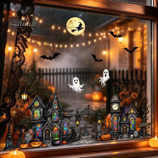 Seasonal Room Accents Halloween Window Static Sticker, Ghost Castle Black Cat Print Decals, Cartoon Patterns Waterproof PVC Cling for Home Holiday
