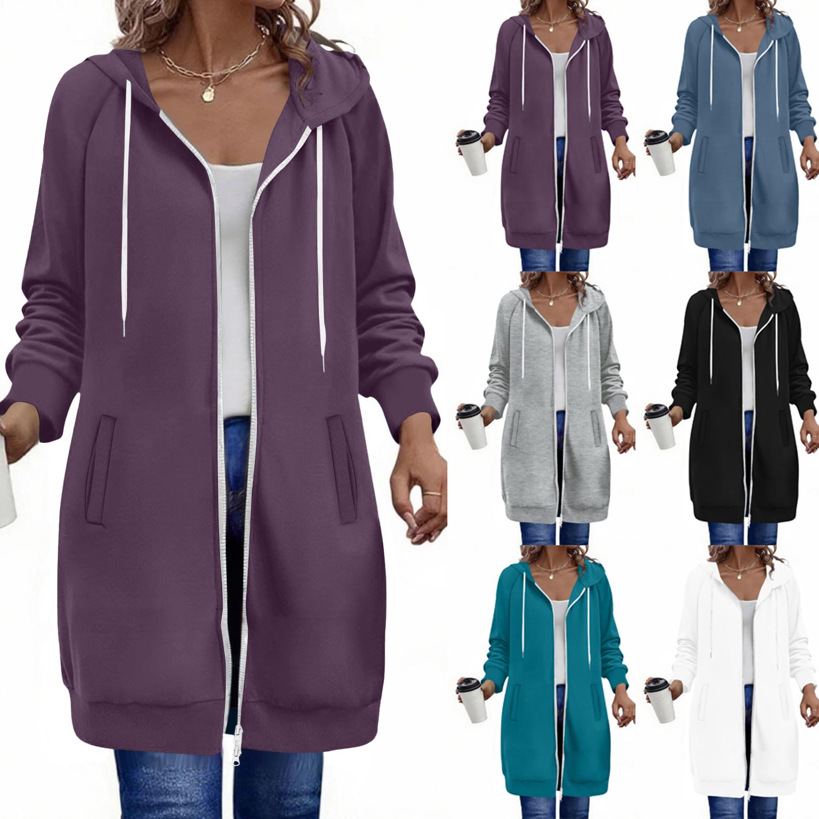 

Женские толстовки на молнии, с длинным рукавом, удлиненные туники, свитшоты, оверсайз, флисовая, повседневная осенняя куртка-пальто с карманом M фиолетовый