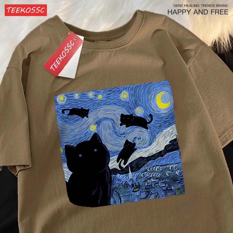 Oil Painting The Starry Cat Night Tshirt Men Women Casual Breathable Summer Tshirts Oversized Loose T Shirt Cotton Clothing