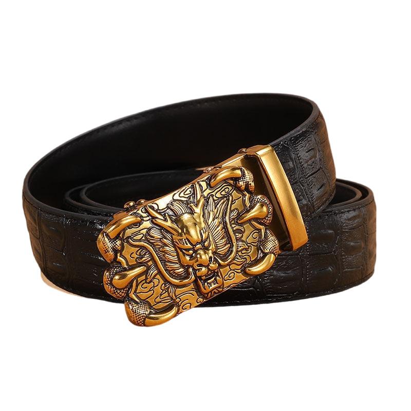 

Vintage Bronze Alloy Buckle Genuine Leather Belt Animal Pattern Automatic Buckle Cowhide Belt 110cm