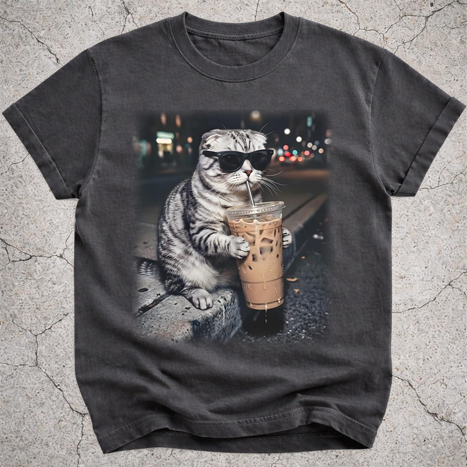 Funny Scottish Fold Drinking Iced Coffee Shirt, Funny Cat Lover Gift, Animal Meme Graphic Tee 2XL