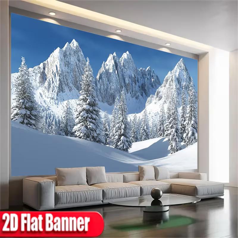2D Scenic Mountain Tapestry, Alpine Snow Peak for Living Room