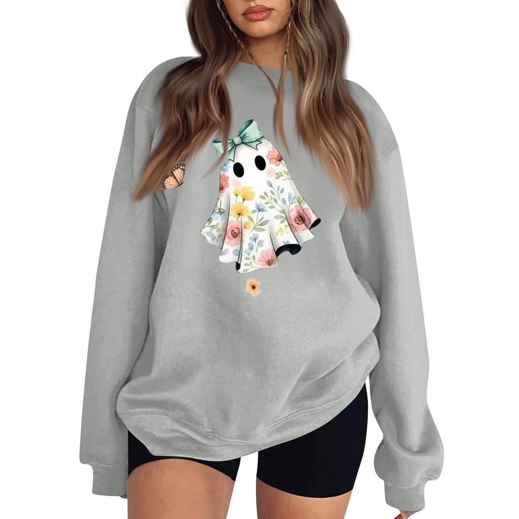 Women's Color Long Sleeve Neck Sweatshirt with Halloween Print Casual Loose Fit Pullover Top