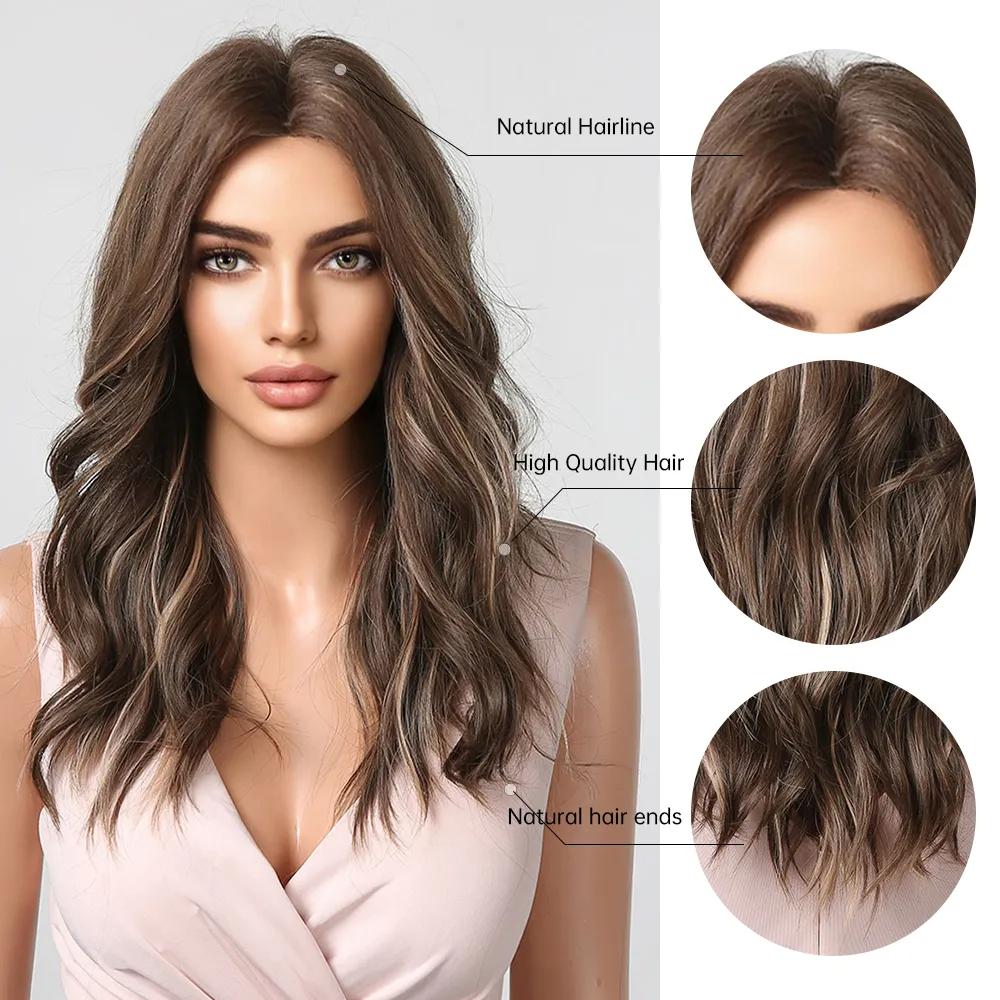 ALAN EATON Omber Brown Wavy  Layered Synthetic Wigs with Curtain Bangs Long Wave Wigs for Women Daily Use Heat Resistant Hair