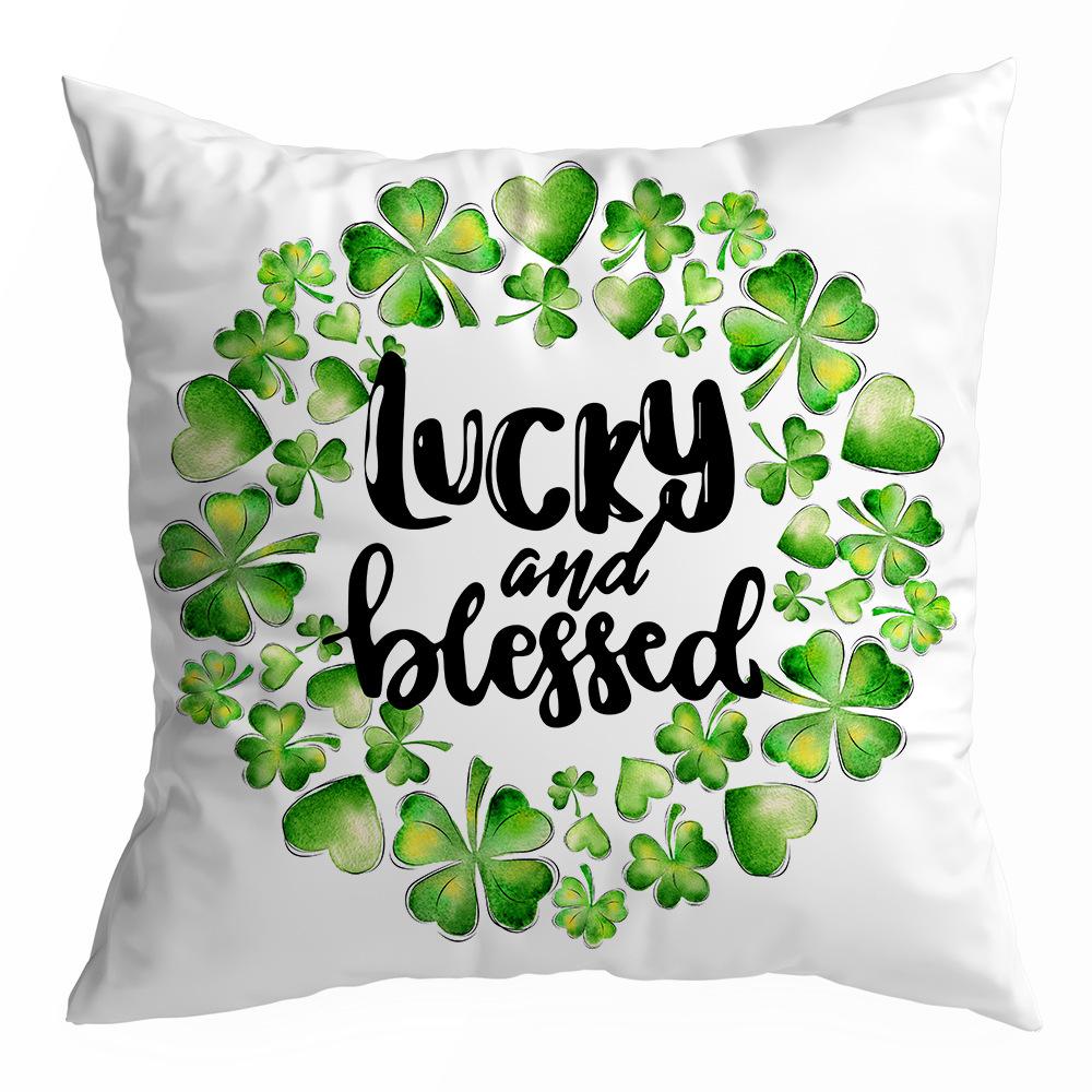 St. Patrick's Day Peach Skin Velvet Pillowcase, Green Four-leaf Clover Printed Sofa Pillow Cushion