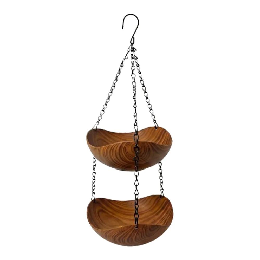 Retro Style Wood Grain Bird Feeders Thickened Iron Chains Open Bowl-shaped Hanging Bird Bath S Hooks Plastic
