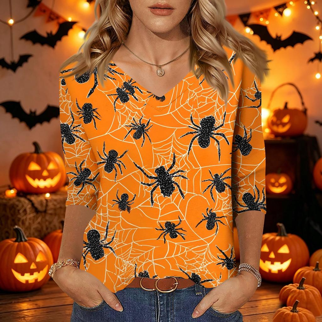 Womens Casual Halloween Print V Neck Three Quarter Sleeve Top Lightweight Stretchy Blouse for Fall Seasonal Wear