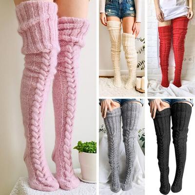 Sosete lungi peste genunchi din bumbac tricotate de modă pentru femei, iarnă, calde, cu dungi, șosete înalte