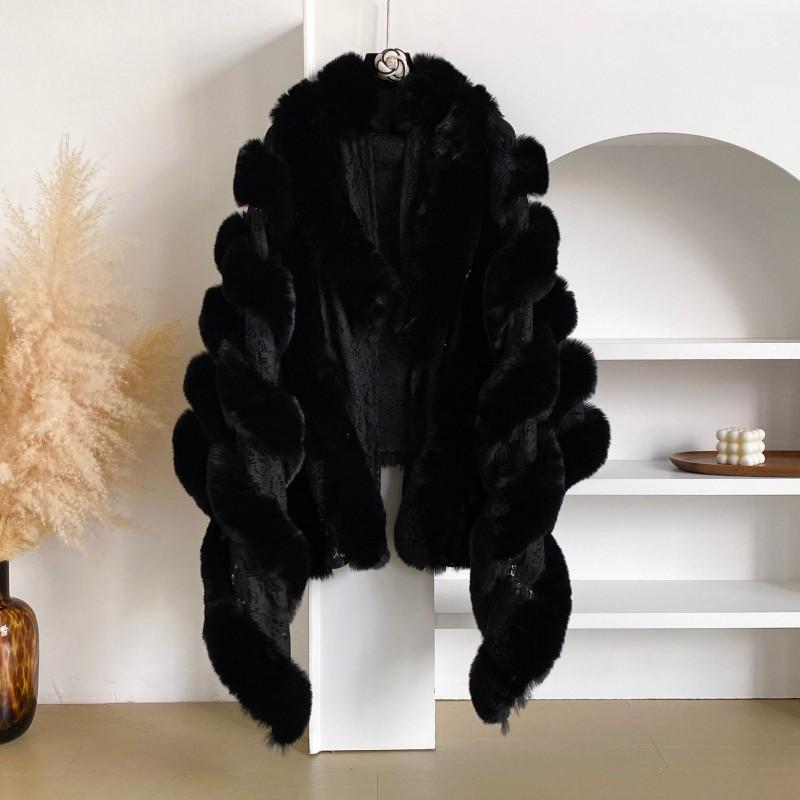 2026 Fall Winter Faux Fox Fur Lace Patchwork Mid-length Shawl Coat Women Trendy