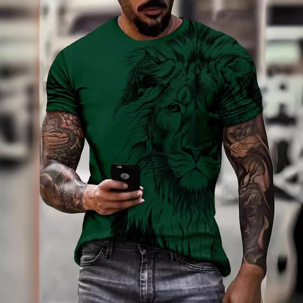Summer Round Neck 3D Lion Pattern Print Top Fashionable Casual Short Sleeved Men's T-shirts