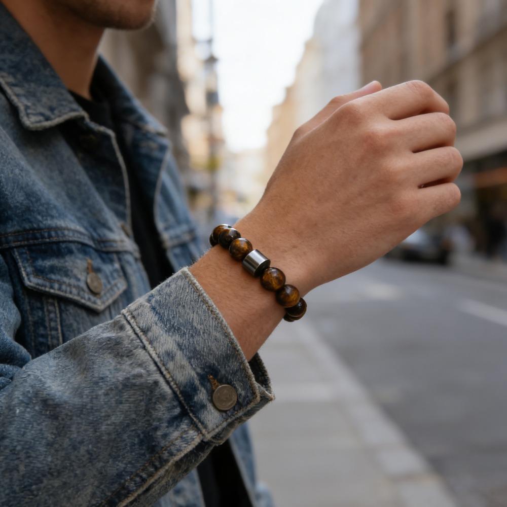 Natural Stone Round Tiger's Eye Beaded Bracelet Elastic Rope Jewelry for Men and Women