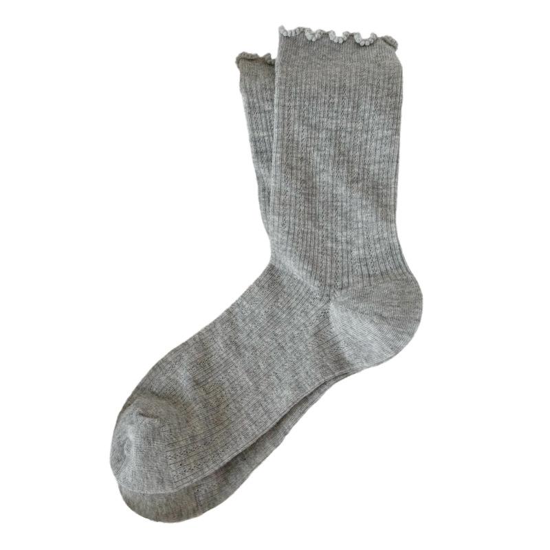 Women's White Ruffled Mesh Crew Socks - Breathable, Sweat-Absorbent, Solid Color, Trendy Summer Style