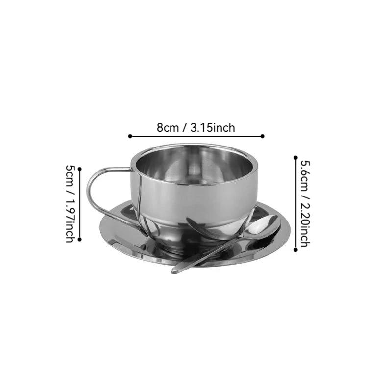 3Pcs/Set 304 Stainless Steel Insulated Coffee Cup Double Wall Tea Milk Mug with Saucer Spoon Cafe Restaurant Hotel Tableware
