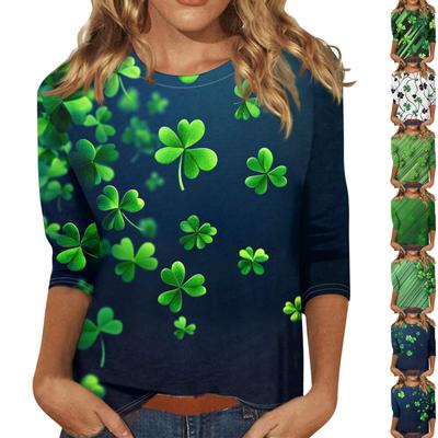 3/4 Sleeve Shirts For Women Print Tees Blouses Casual Plus Size Basic Tops Pullover