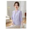 Women's Chinese Style Embroidered Blouse Stand Collar Frog Button Half Sleeve Sheer Chiffon Top for Daily