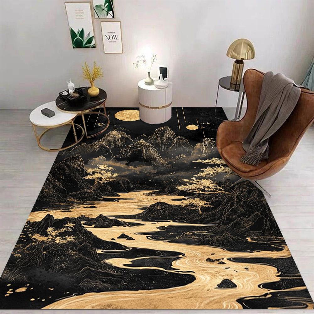 Chinese Art Style Carpet Golden Mountain Waterfall River Moonlit Forest Auspicious Cloud Patterns Rug For Living Room Decor