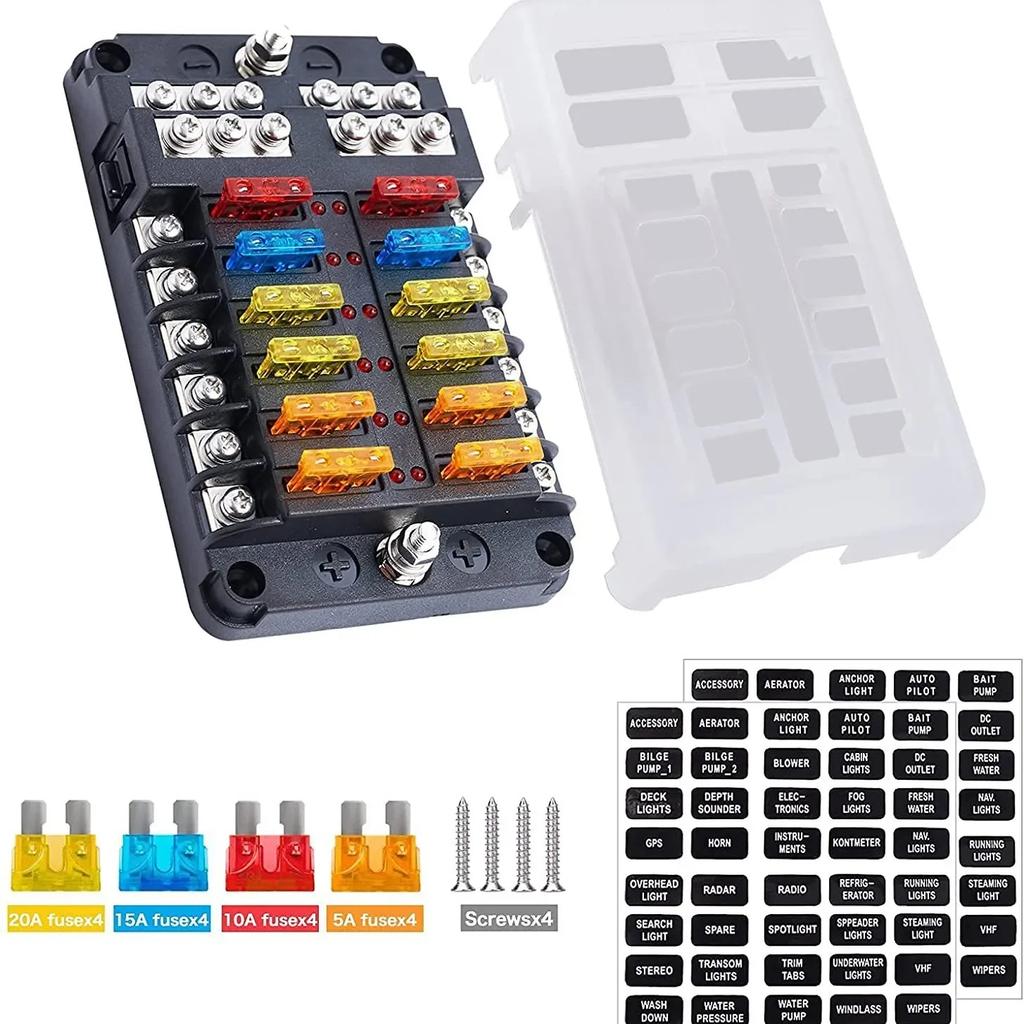 Držák pojistkové skříňky s 6/12cestnou pojistkou 12-24V pro auto a loď s plastovým krytem pro napájecí panel, příslušenství pro karavany a obytné vozy