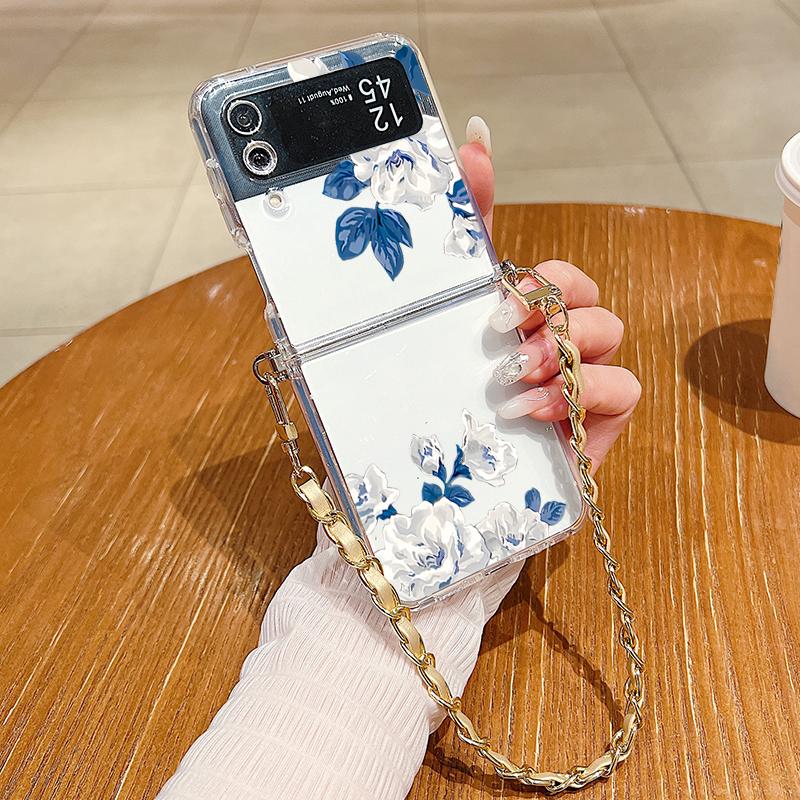 Metal Rope Lanyard Case For Samsung Galaxy Z Flip7 Flip6 Flip5 Flip4 Flip 7 FE 6 5 4 3 5G White Flower Pattern TPU Back Cover